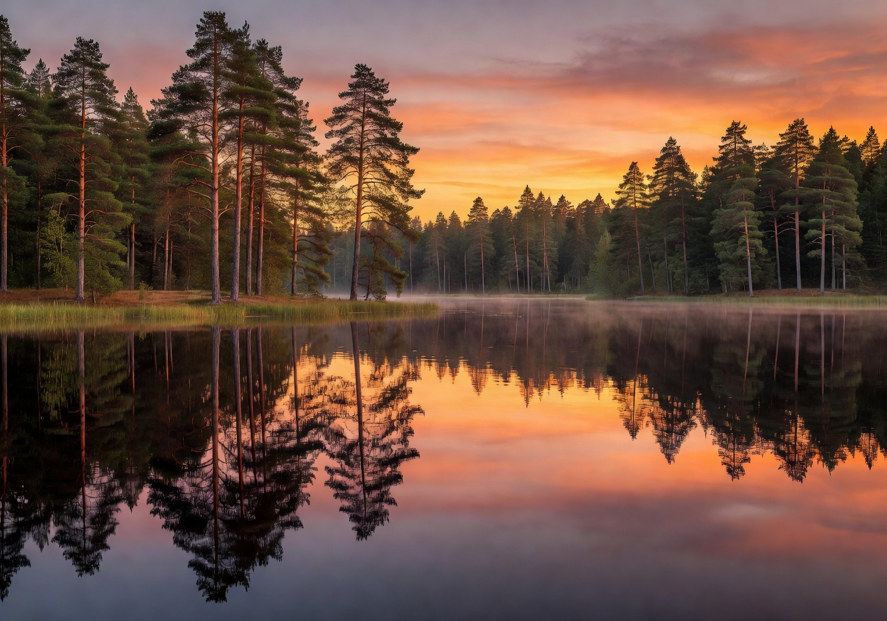 Calm Finnish lake at sunset with pine trees reflecting in water