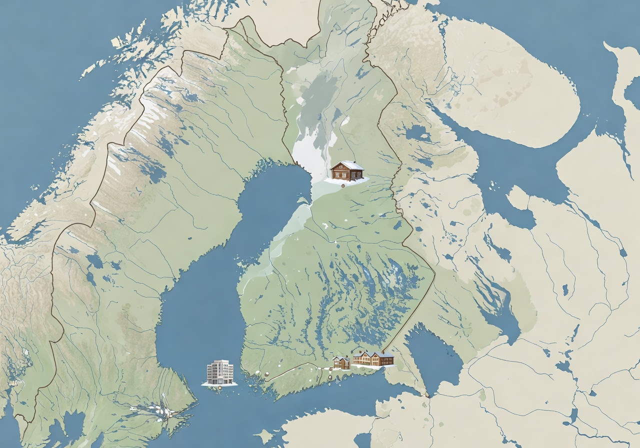 Finland map illustration showing Helsinki Savonlinna and Rovaniemi hotel locations