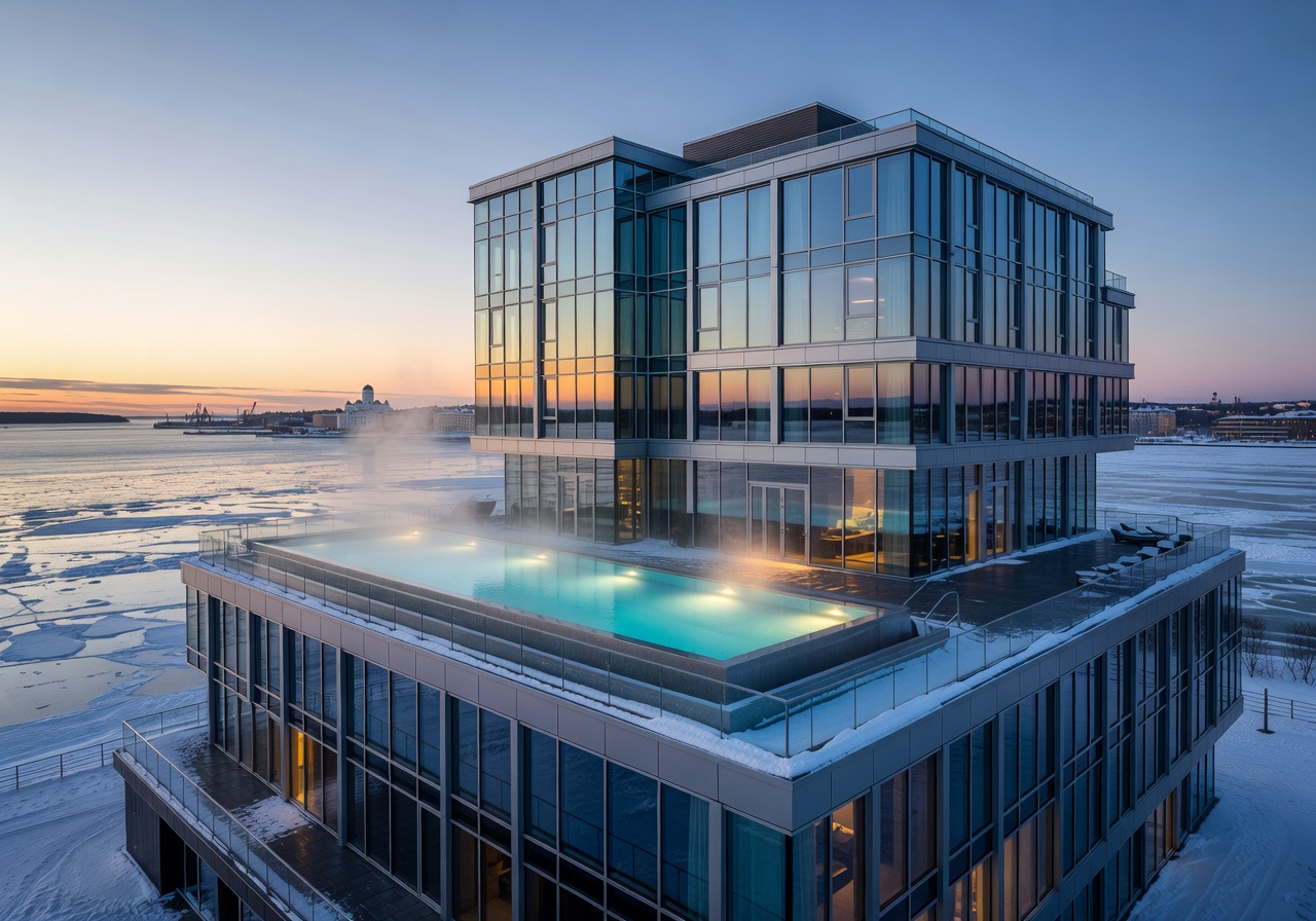 Grand Arctic Casino Resort Helsinki rooftop infinity pool with ocean sunset views