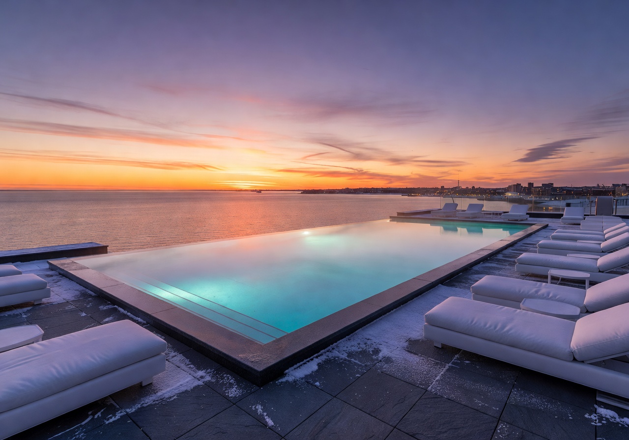 Grand Arctic Casino Resort Helsinki rooftop infinity pool with sea sunset views