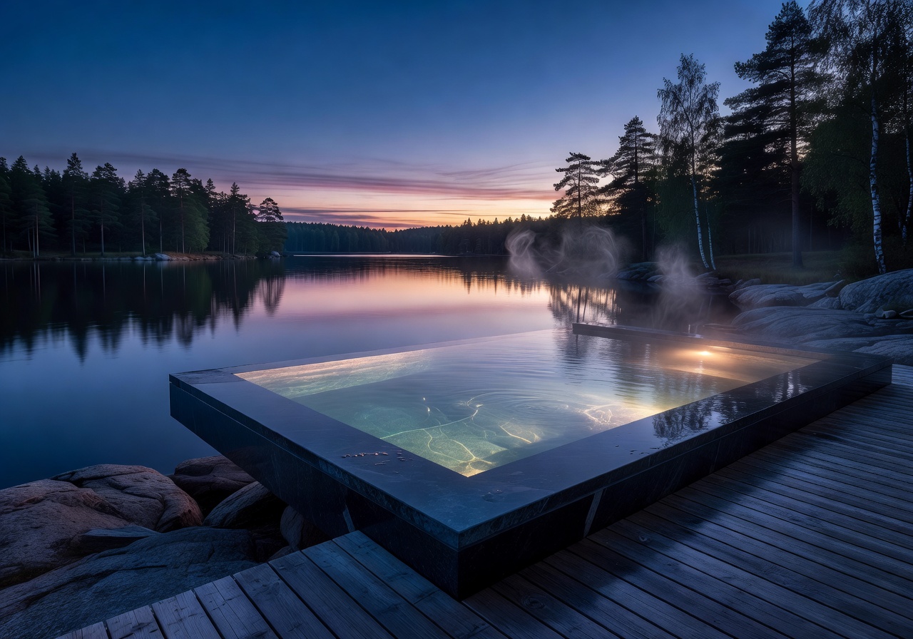 Heated infinity spa pool overlooking Finnish lake at twilight