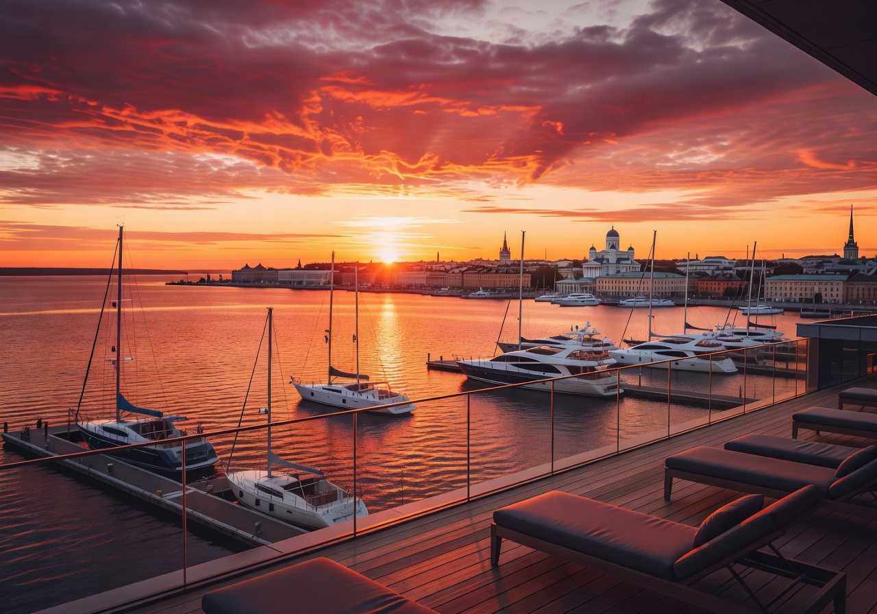 Helsinki marina sunset view from luxury hotel terrace