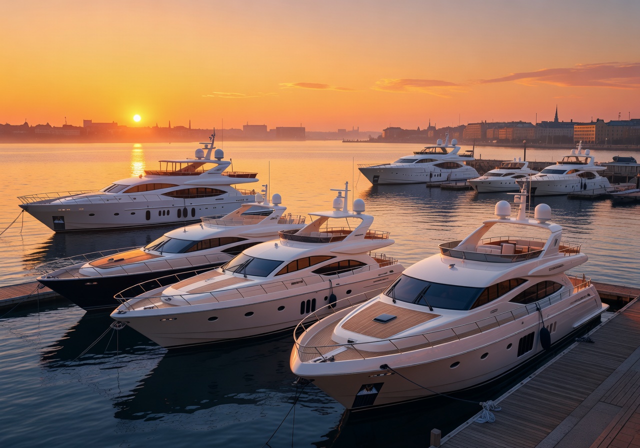 Helsinki marina sunset with luxury yachts and warm sky tones