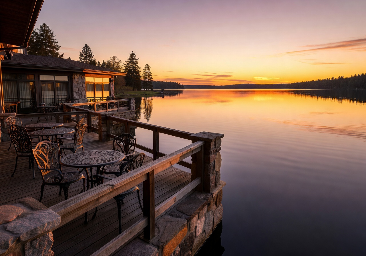 Lakefront hotel terrace at golden hour with calm water reflections