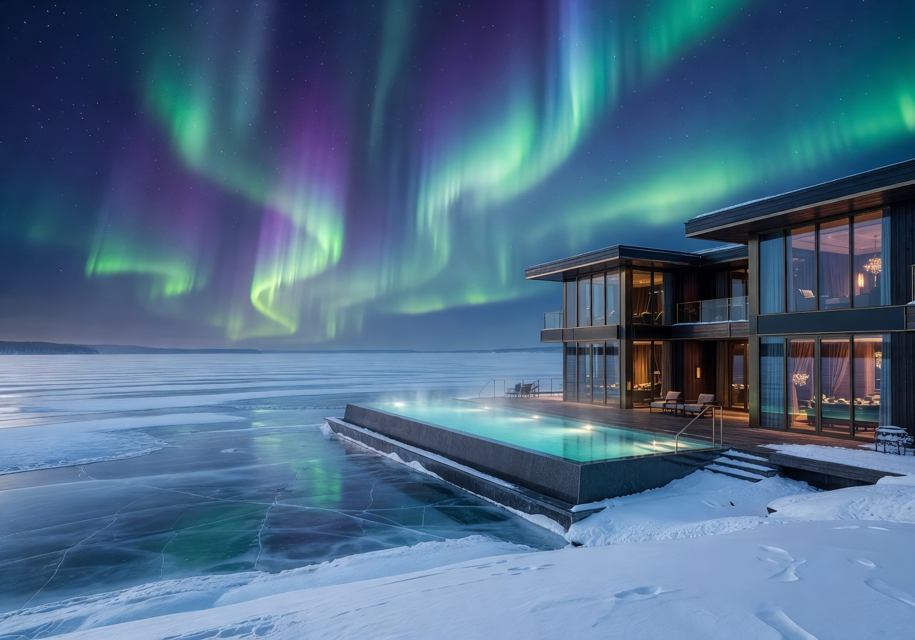 Luxury Finnish casino hotel with infinity pool overlooking frozen lake under aurora sky
