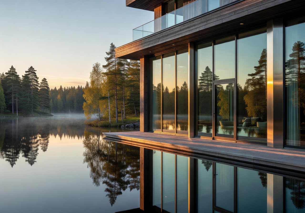 Luxury Finnish hotel exterior with glass facade and lake views