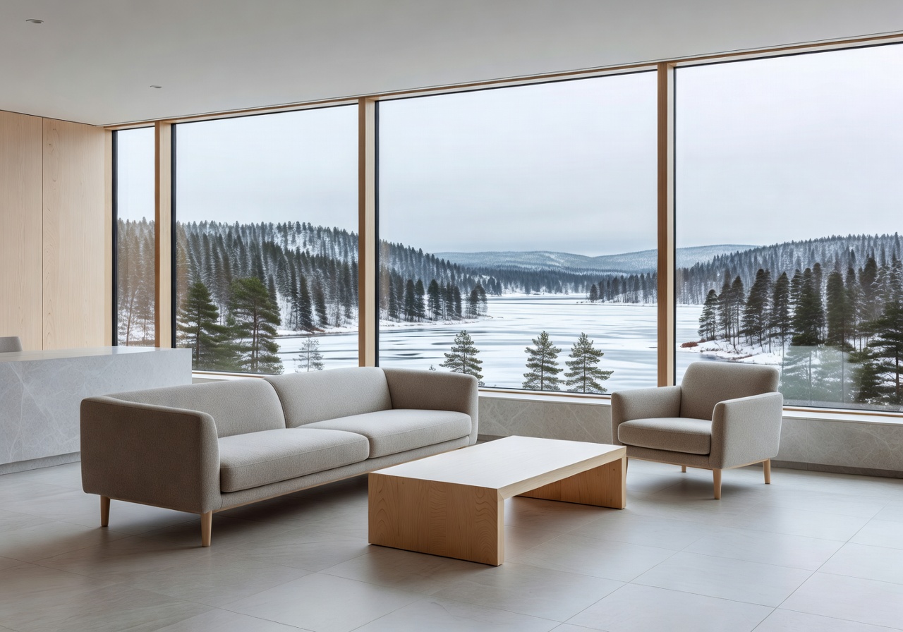 Luxury Finnish hotel suite with floor to ceiling windows facing snowy lake