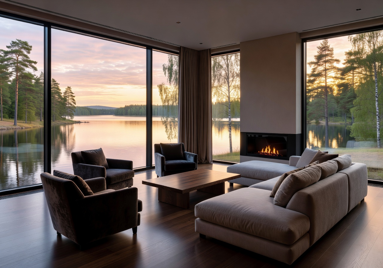 Luxury VIP suite with floor to ceiling windows and Finnish lake view