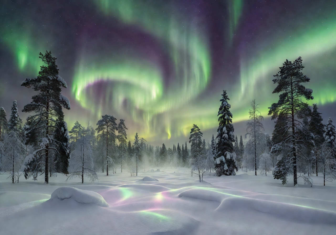 Northern lights aurora borealis panorama over snowy Finnish forest