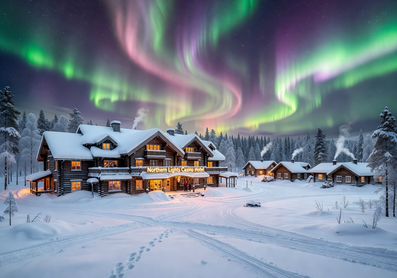Northern Lights Casino Hotel Lapland luxury snowy resort under aurora borealis