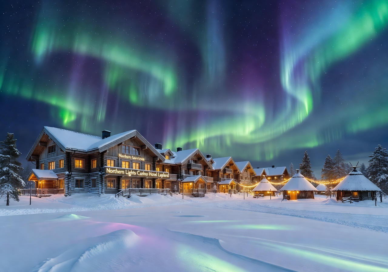 Northern Lights Casino Hotel Lapland snowy resort under aurora borealis