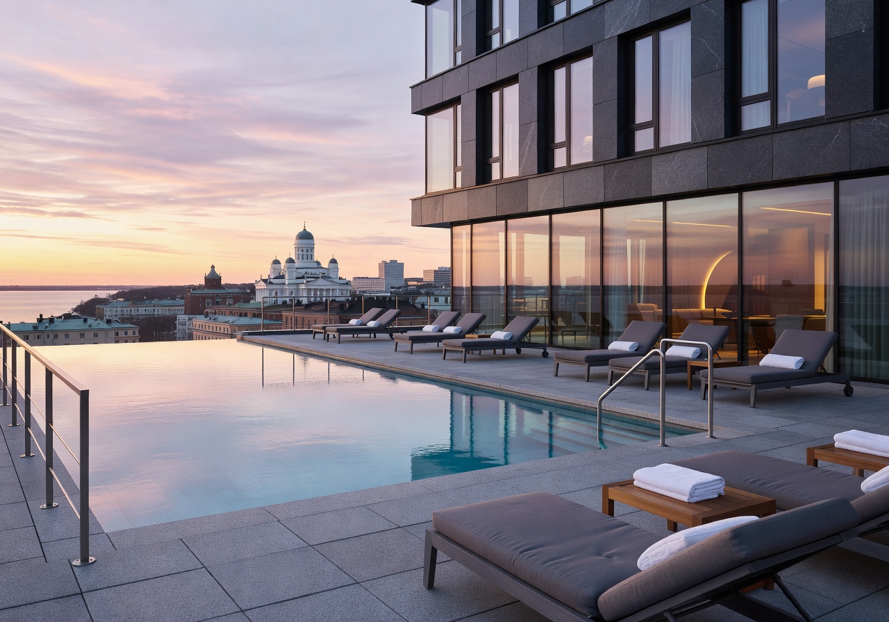 Heated infinity pool overlooking Finnish lake at twilight