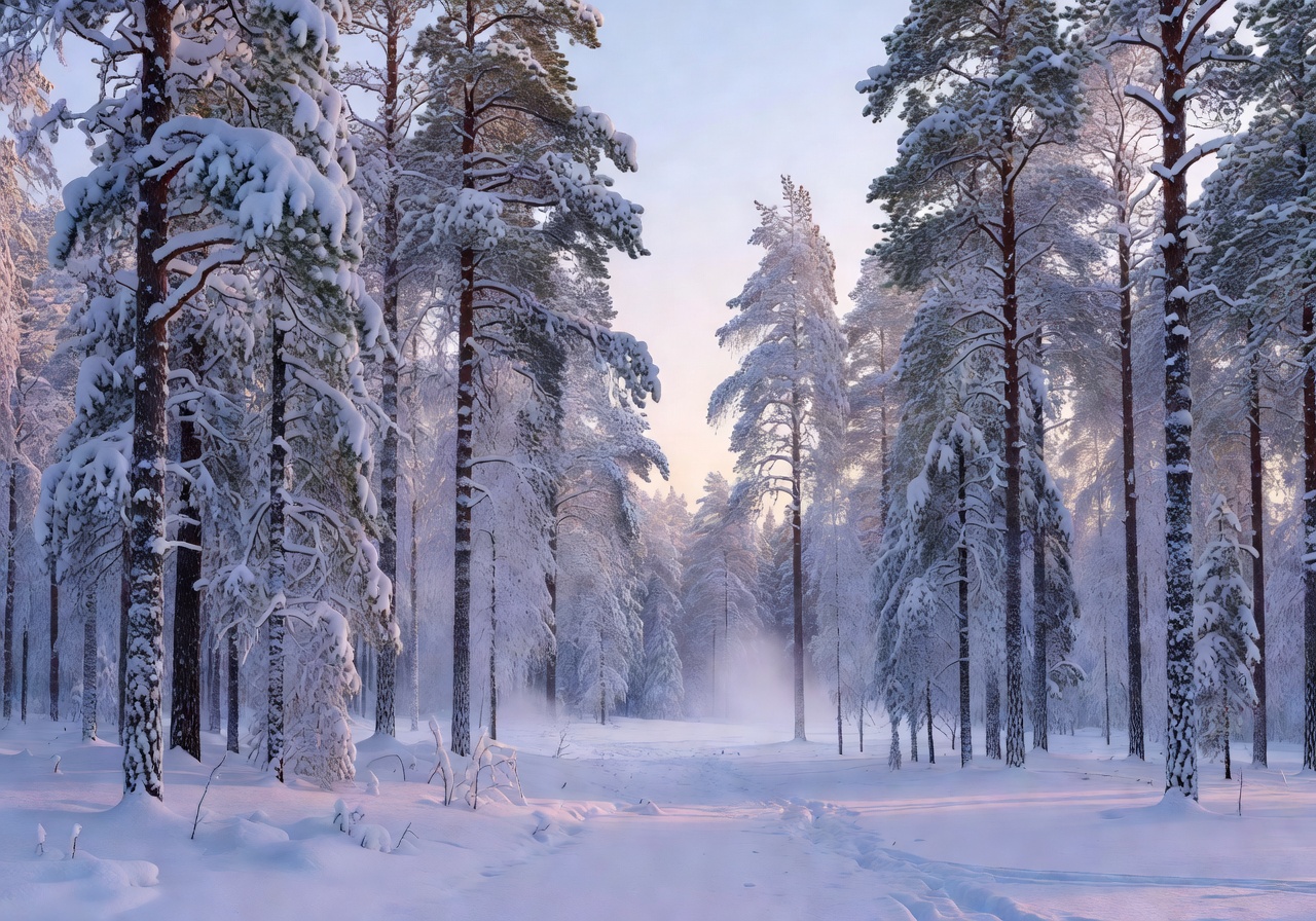 Snow-covered Finnish pine forest in soft morning light