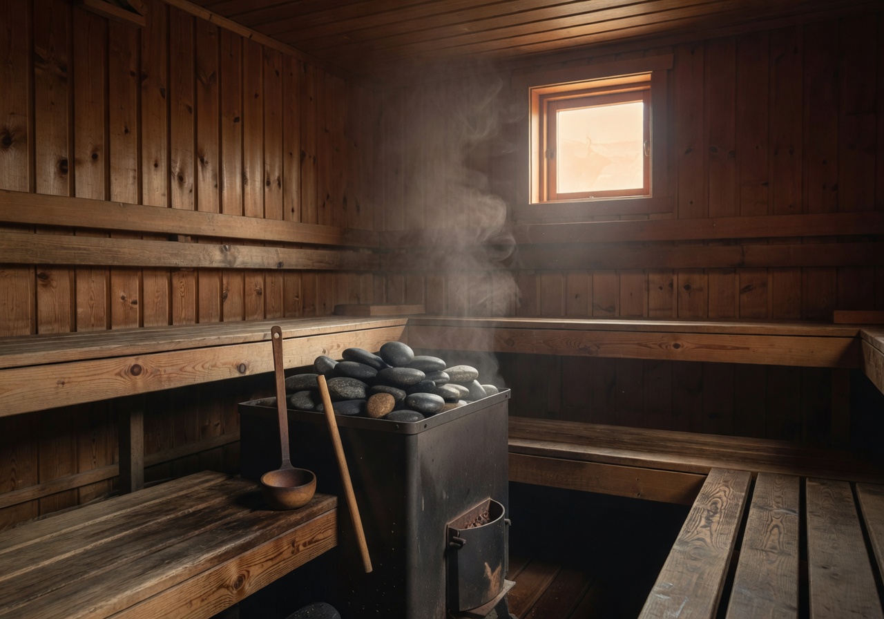 Traditional Finnish sauna interior with warm wood